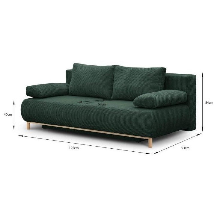 Banquette convertible 3 places MIKA - Velours côtelé Vert foret - Coffre de rangement - L 192 x H 84 x P 93 cm Banquette convertible 3 places MIKA - Velours côtelé Vert foret - Coffre de rangement - L 192 x H 84 x P 93 cm
