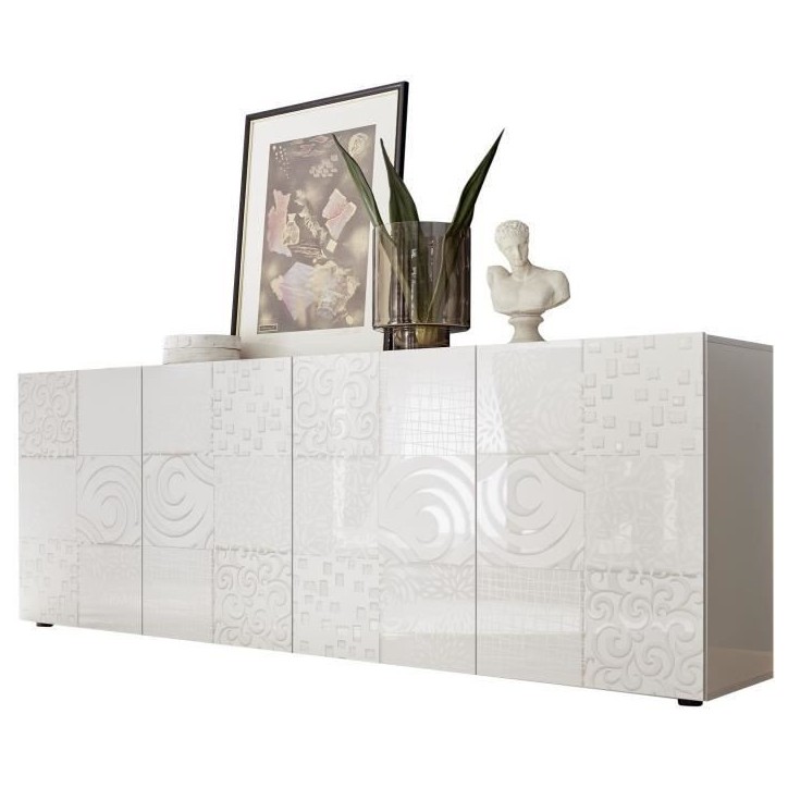 Buffet - MIRONA - 4 portes - Blanc laqué brillant avec serigraphie - 241 x 43 x 84 cm Buffet - MIRONA - 4 portes - Blanc laqué brillant avec serigraphie - 241 x 43 x 84 cm