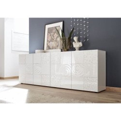Buffet - MIRONA - 4 portes - Blanc laqué brillant avec serigraphie -
