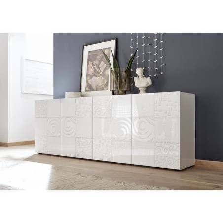 Buffet - MIRONA - 4 portes - Blanc laqué brillant avec serigraphie - 241 x 43 x 84 cm