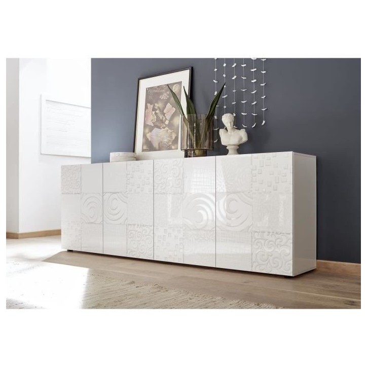 Buffet - MIRONA - 4 portes - Blanc laqué brillant avec serigraphie - 241 x 43 x 84 cm Buffet - MIRONA - 4 portes - Blanc laqué brillant avec serigraphie - 241 x 43 x 84 cm