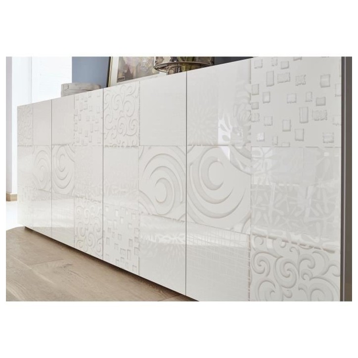 Buffet - MIRONA - 4 portes - Blanc laqué brillant avec serigraphie - 241 x 43 x 84 cm Buffet - MIRONA - 4 portes - Blanc laqué brillant avec serigraphie - 241 x 43 x 84 cm