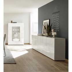 Buffet - MIRONA - 4 portes - Blanc laqué brillant avec serigraphie -