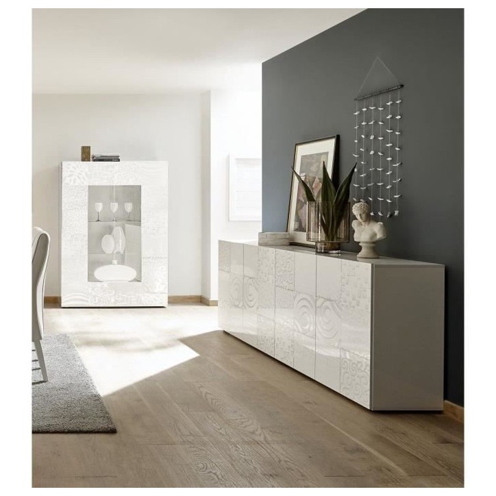 Buffet - MIRONA - 4 portes - Blanc laqué brillant avec serigraphie - 241 x 43 x 84 cm Buffet - MIRONA - 4 portes - Blanc laqué brillant avec serigraphie - 241 x 43 x 84 cm