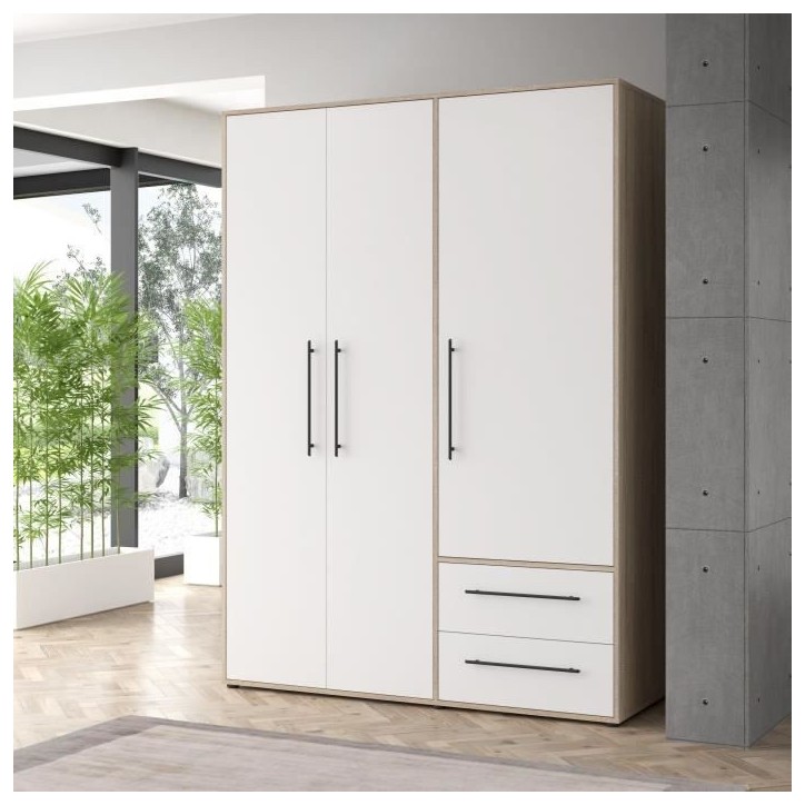 Armoire - Chene Sonoma / Blanc mat - 3 portes - L144,4 x P58,8 x H200cm - MOKKARIS