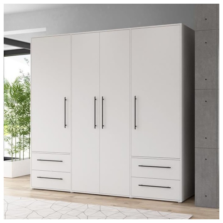 Armoire - Blanc mat - 4 portes battantes - L205,9 x P58,8 x H 200cm - MOKKARIS