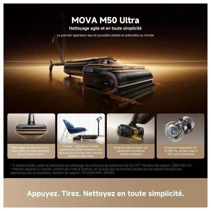 MOVA M50 ULTRA - Aspirateur Balai Laveur - 22 000 Pa - Bras robotisé - Poignée Pliable et Extensible - Lavage Brosse immersif