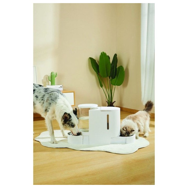 Distributeur Croquettes & Eau - M PETS - DUPLO - 1.3 kg / 3 L - 40 x 16.2 x 29.1 cm - Blanc