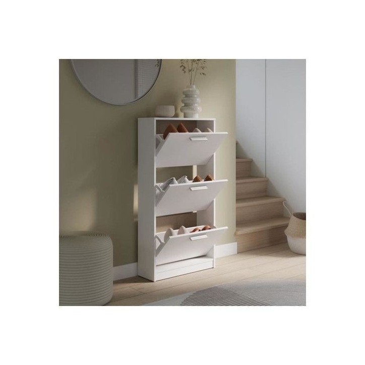 Meuble a chaussures - 6 paires - Blanc mat - 3 abattants - L58,2 x P20,4 x H115,5 cm - MAC Meuble a chaussures - 6 paires - Blanc mat - 3 abattants - L58,2 x P20,4 x H115,5 cm - MAC