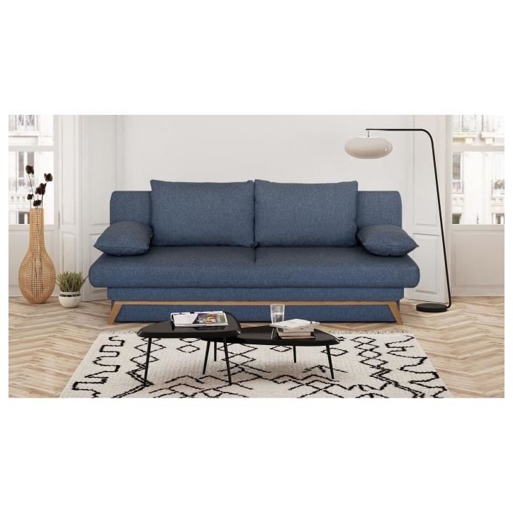 Banquette convertible - 3 places - NAOTO - Tissu bleu foncé - Coffre de rangement - 202 x 98 x 98 cm