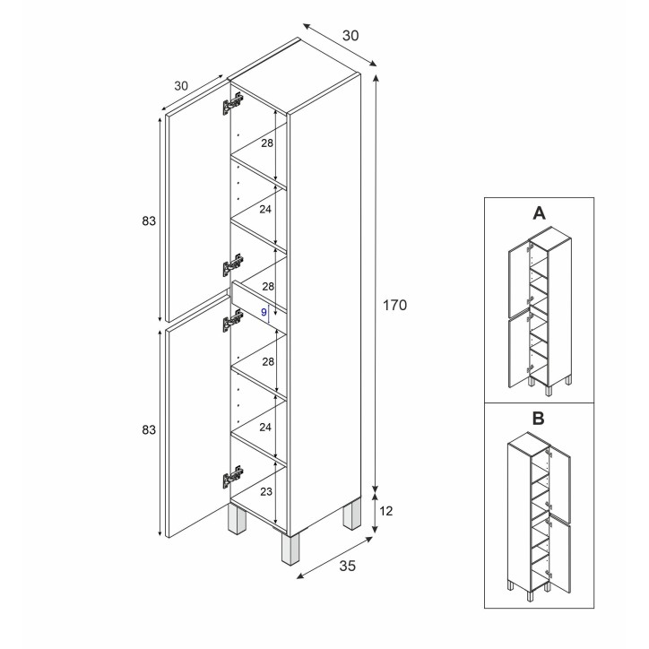 Colonne de salle de bain - NEREA - Blanc brillant - 2 portes - 30 x 35 x 182 cm