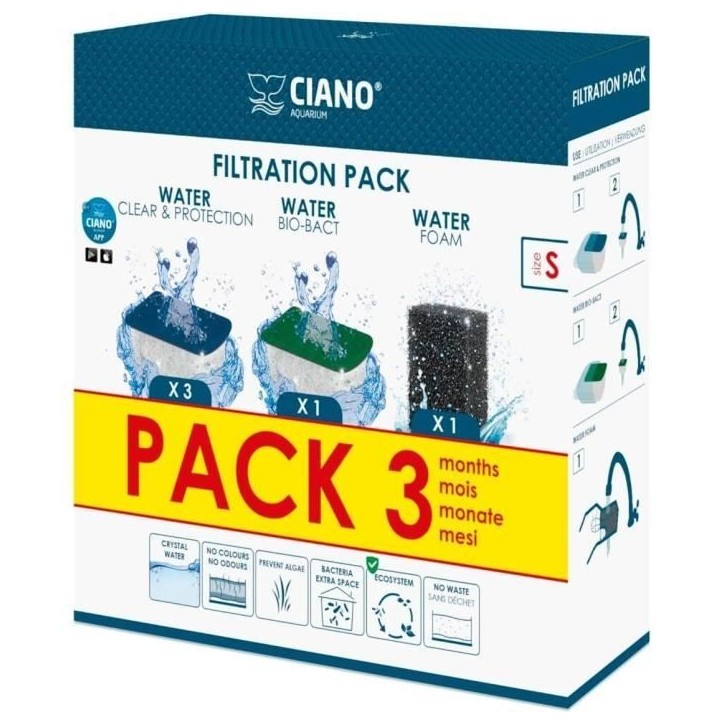 CIANO, Aquarium Consommables - Cartouches de Filtration de Rechange pour Filtre d'Aquarium- Pack 3 mois - Taille S