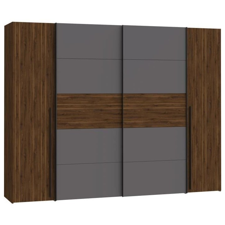 Armoire NARAGO - Décor Noyer Bakersfield et gris - 2 portes coulissantes + 2 portes battantes - L270 x P61 x H210 cm Armoire NARAGO - Décor Noyer Bakersfield et gris - 2 portes coulissantes + 2 portes battantes - L270 x P61 x H210 cm