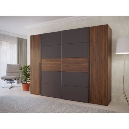 Armoire NARAGO - Décor Noyer Bakersfield et gris - 2 portes coulissantes + 2 portes battantes - L270 x P61 x H210 cm