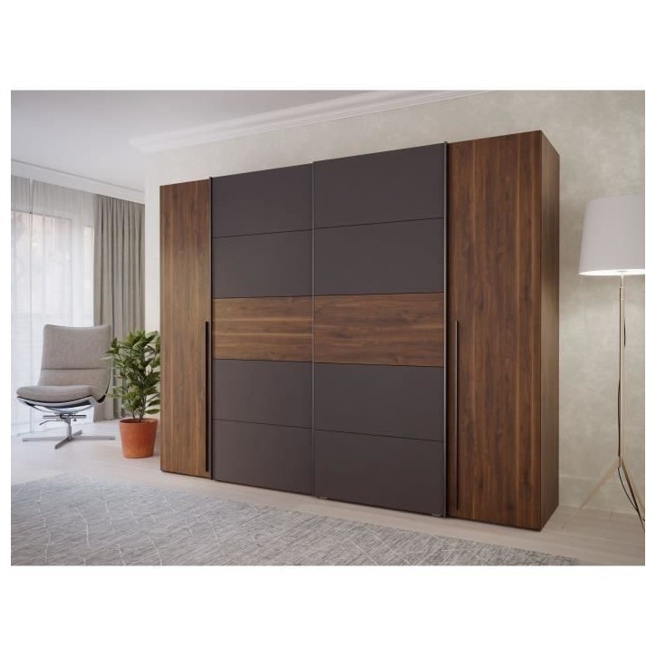 Armoire NARAGO - Décor Noyer Bakersfield et gris - 2 portes coulissantes + 2 portes battantes - L270 x P61 x H210 cm Armoire NARAGO - Décor Noyer Bakersfield et gris - 2 portes coulissantes + 2 portes battantes - L270 x P61 x H210 cm