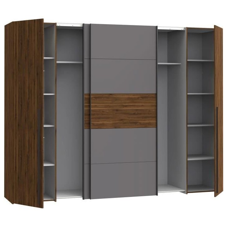 Armoire NARAGO - Décor Noyer Bakersfield et gris - 2 portes coulissantes + 2 portes battantes - L270 x P61 x H210 cm Armoire NARAGO - Décor Noyer Bakersfield et gris - 2 portes coulissantes + 2 portes battantes - L270 x P61 x H210 cm