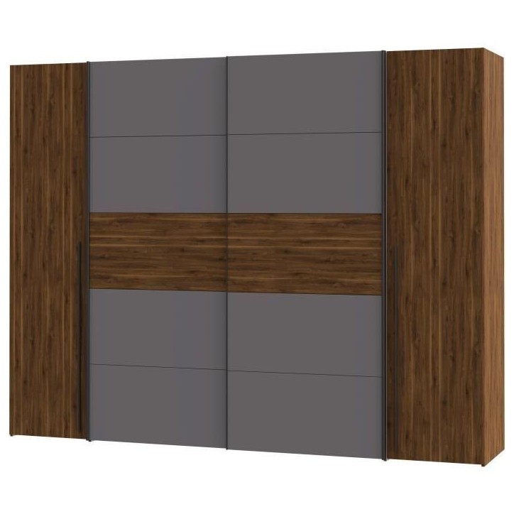 Armoire NARAGO - Décor Noyer Bakersfield et gris - 2 portes coulissantes + 2 portes battantes - L270 x P61 x H210 cm Armoire NARAGO - Décor Noyer Bakersfield et gris - 2 portes coulissantes + 2 portes battantes - L270 x P61 x H210 cm