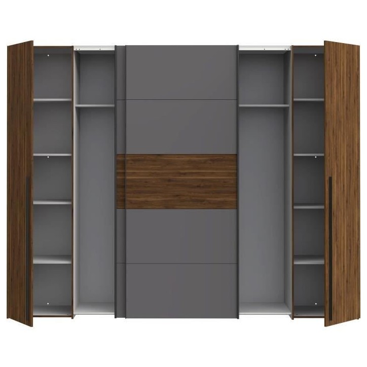 Armoire NARAGO - Décor Noyer Bakersfield et gris - 2 portes coulissantes + 2 portes battantes - L270 x P61 x H210 cm Armoire NARAGO - Décor Noyer Bakersfield et gris - 2 portes coulissantes + 2 portes battantes - L270 x P61 x H210 cm