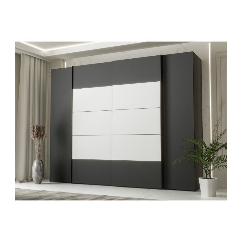 Armoire - Noir / Blanc - 2 portes battantes + 2 portes coulissantes -