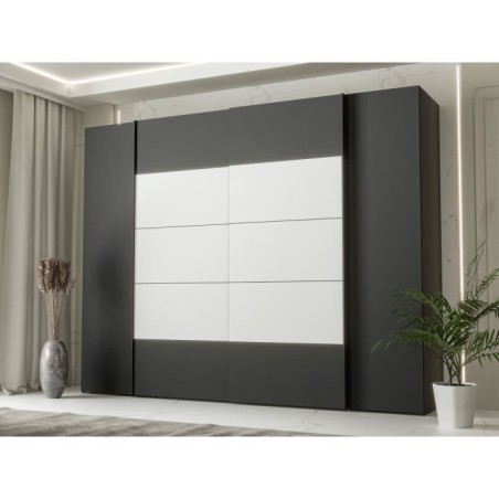 Armoire - Noir / Blanc - 2 portes battantes + 2 portes coulissantes -