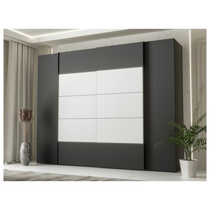 Armoire - Noir / Blanc - 2 portes battantes + 2 portes coulissantes - L270,3 x P61,2 x H210,5 cm - NARAGO