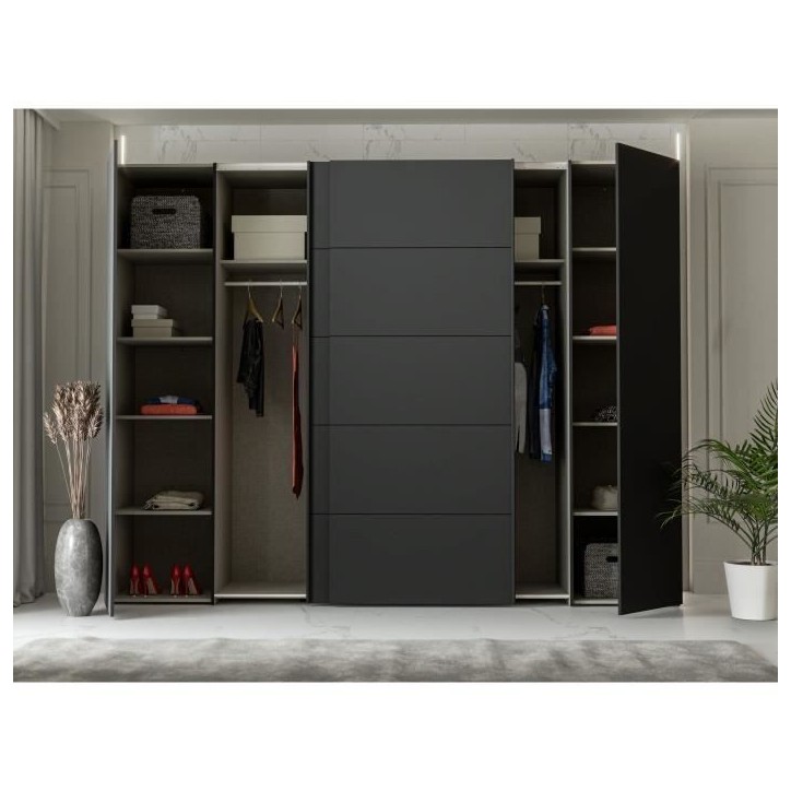 Armoire - Noir / Blanc - 2 portes battantes + 2 portes coulissantes - L270,3 x P61,2 x H210,5 cm - NARAGO