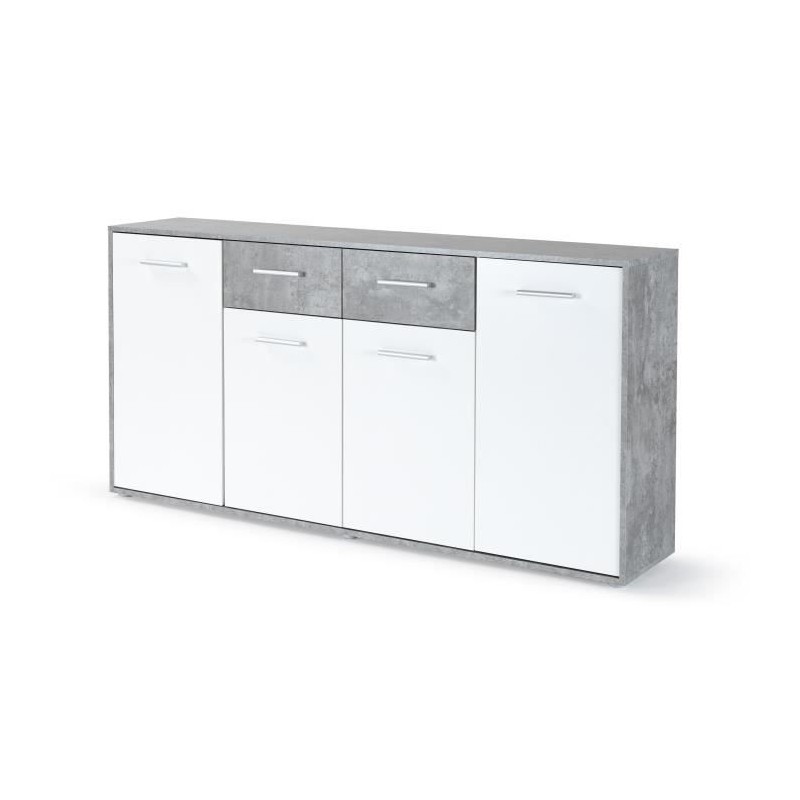 Buffet bas PILVI - 4 portes et 2 tiroirs - Blanc et béton clair - L 1