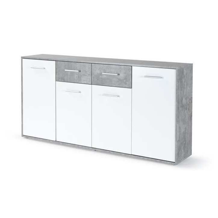 Buffet bas PILVI - 4 portes et 2 tiroirs - Blanc et béton clair - L 162,3 x P 34,2 x H 88,1 cm