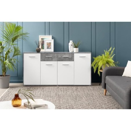Buffet bas PILVI - 4 portes et 2 tiroirs - Blanc et béton clair - L 162,3 x P 34,2 x H 88,1 cm