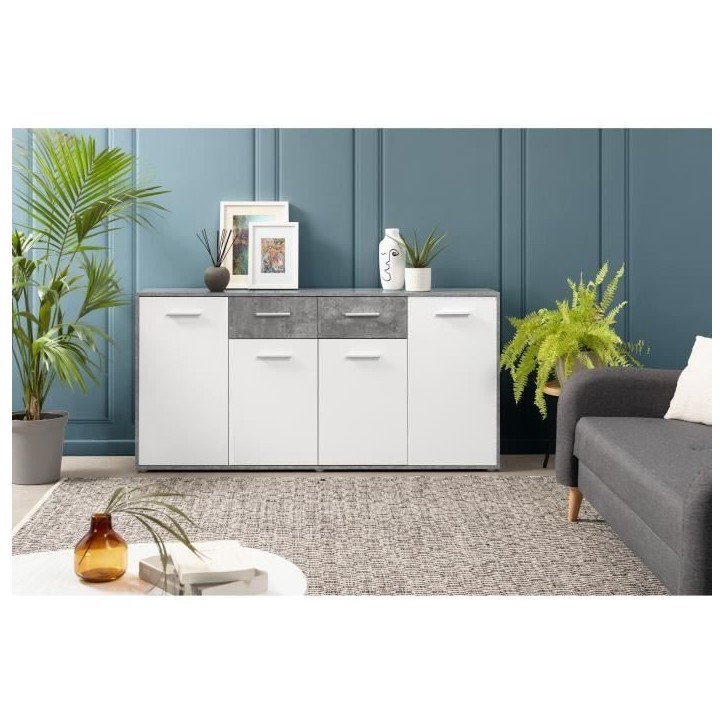 Buffet bas PILVI - 4 portes et 2 tiroirs - Blanc et béton clair - L 162,3 x P 34,2 x H 88,1 cm