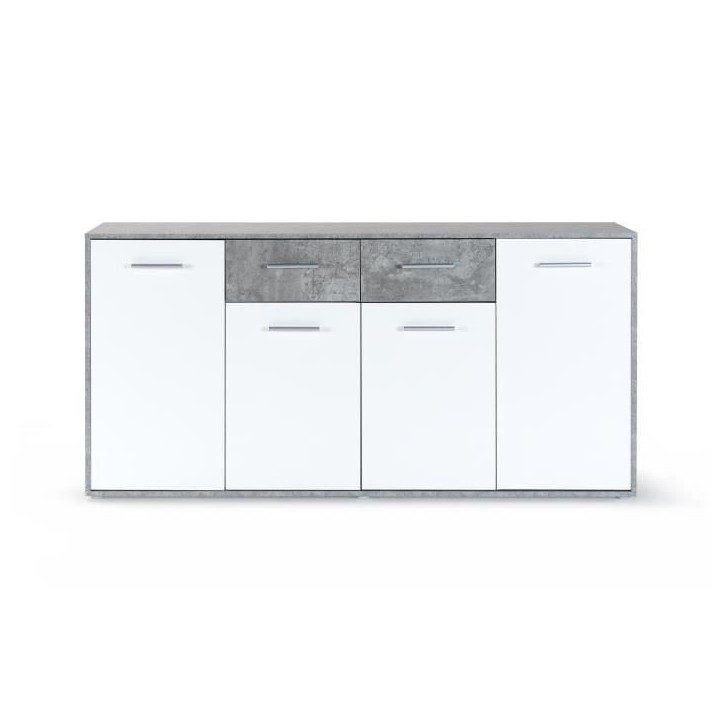 Buffet bas PILVI - 4 portes et 2 tiroirs - Blanc et béton clair - L 162,3 x P 34,2 x H 88,1 cm
