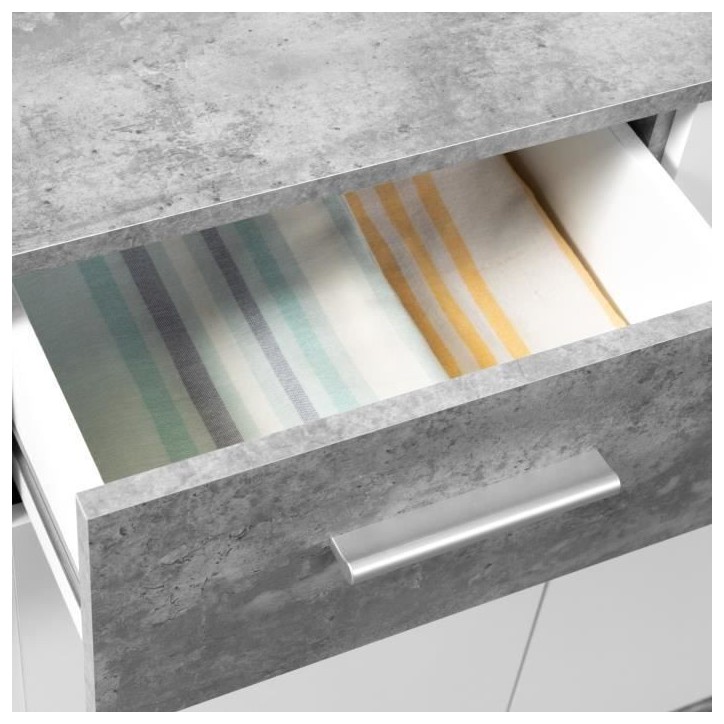 Buffet bas PILVI - 4 portes et 2 tiroirs - Blanc et béton clair - L 162,3 x P 34,2 x H 88,1 cm