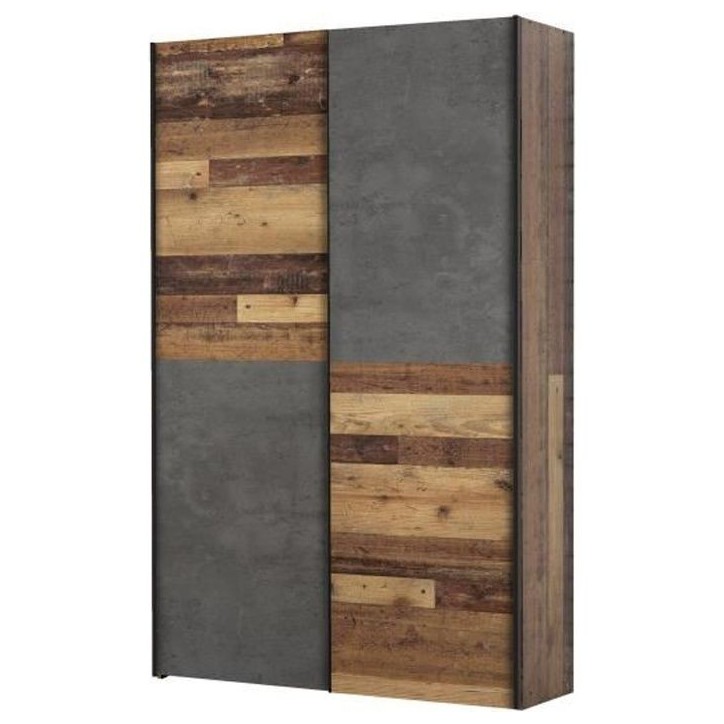 Armoire 2 portes coulissantes multifonction - Panneaux de particules - Bois et béton gris - L 120 x P 41,6 x H 190,5 cm - OZZUL