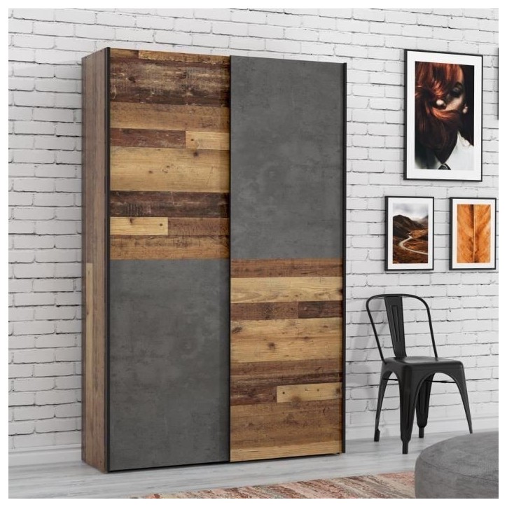 Armoire 2 portes coulissantes multifonction - Panneaux de particules - Bois et béton gris - L 120 x P 41,6 x H 190,5 cm - OZZUL