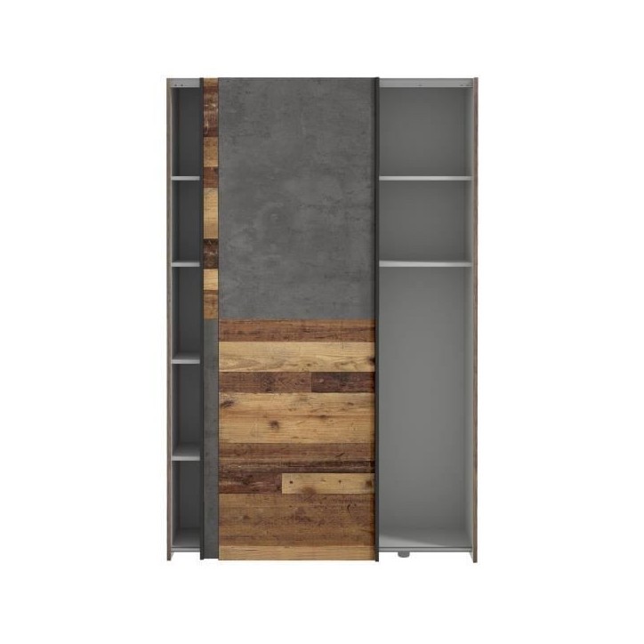 Armoire 2 portes coulissantes multifonction - Panneaux de particules - Bois et béton gris - L 120 x P 41,6 x H 190,5 cm - OZZUL