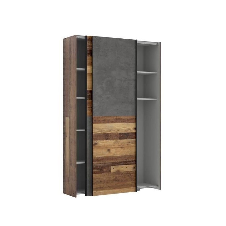 Armoire 2 portes coulissantes multifonction - Panneaux de particules - Bois et béton gris - L 120 x P 41,6 x H 190,5 cm - OZZUL