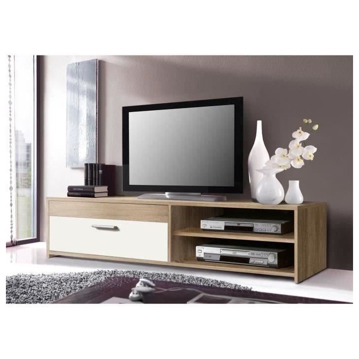 Meuble TV PILVI - Style contemporain - Particules mélaminé - Décor Chene et blanc - 1 Abattant + 2 niches - L 120 x P 42 x H Meuble TV PILVI - Style contemporain - Particules mélaminé - Décor Chene et blanc - 1 Abattant + 2 niches - L 120 x P 42 x H