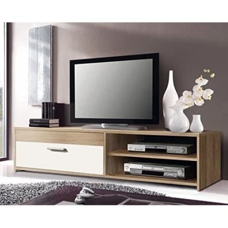 Meuble TV PILVI - Style contemporain - Particules mélaminé - Décor Chene et blanc - 1 Abattant + 2 niches - L 120 x P 42 x H