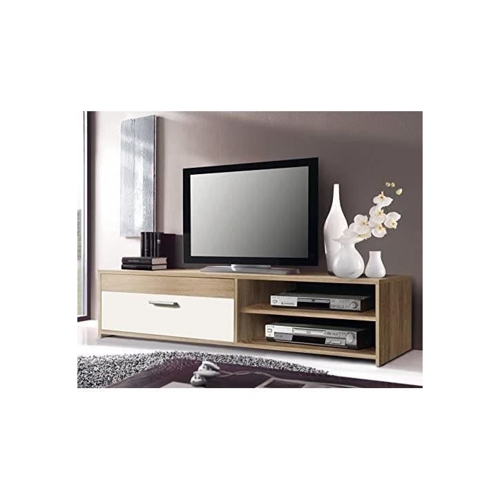 Meuble TV PILVI - Style contemporain - Particules mélaminé - Décor Chene et blanc - 1 Abattant + 2 niches - L 120 x P 42 x H Meuble TV PILVI - Style contemporain - Particules mélaminé - Décor Chene et blanc - 1 Abattant + 2 niches - L 120 x P 42 x H