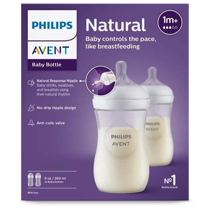 Lot de 2 biberons - PHILIPS AVENT- Natural 3.0 - Anti-colique - 260 ml - AirFree - Tétine imitant la forme du sein - Blanc Lot de 2 biberons - PHILIPS AVENT- Natural 3.0 - Anti-colique - 260 ml - AirFree - Tétine imitant la forme du sein - Blanc