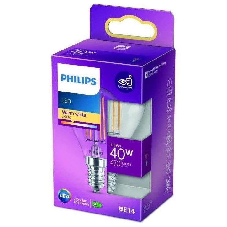 PHILIPS LED Classic 40W Sphérique E14 Blanc Chaud Non Dimmable PHILIPS LED Classic 40W Sphérique E14 Blanc Chaud Non Dimmable