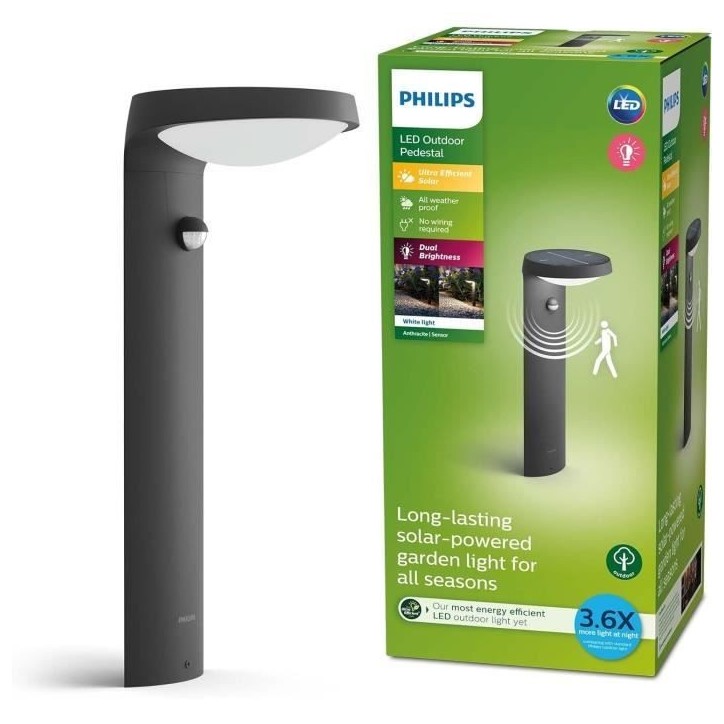Borne avec recharge solaire PHILIPS TYLA classe énergétique A, détecteur de mouvement, jusqu'a 250 lm, IP44 - Anthracite