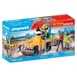 PLAYMOBIL 71751 Ouvriers avec rouleau compresseur et signalisation, Ac