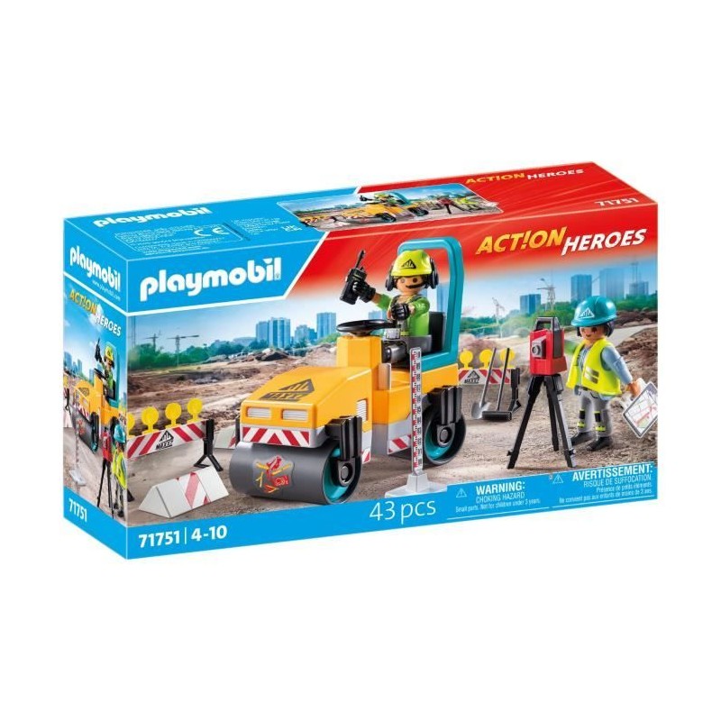 PLAYMOBIL 71751 Ouvriers avec rouleau compresseur et signalisation, Ac PLAYMOBIL 71751 Ouvriers avec rouleau compresseur et signalisation, Ac