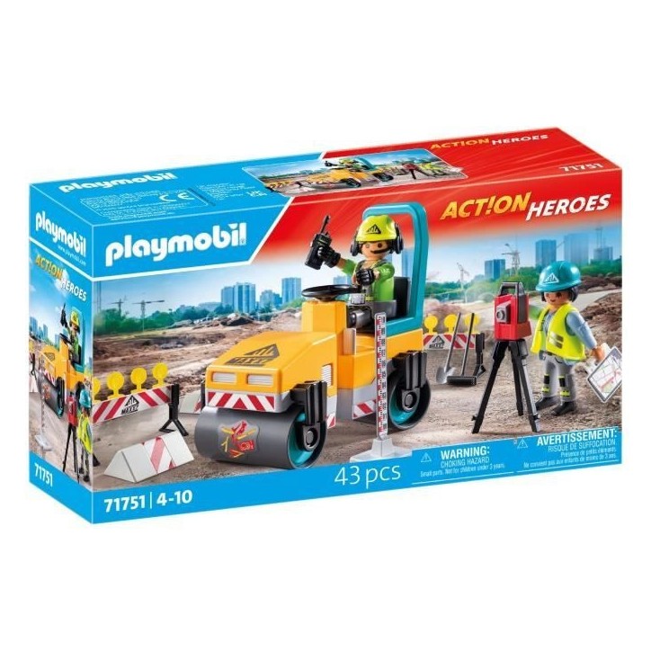 PLAYMOBIL 71751 Ouvriers avec rouleau compresseur et signalisation, Action Heroes, La construction, 43 pieces, Des 4 ans PLAYMOBIL 71751 Ouvriers avec rouleau compresseur et signalisation, Action Heroes, La construction, 43 pieces, Des 4 ans