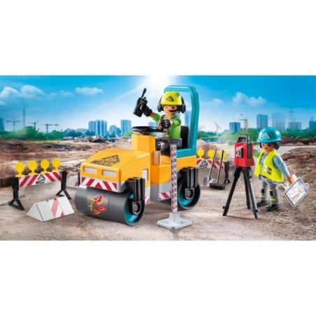 PLAYMOBIL 71751 Ouvriers avec rouleau compresseur et signalisation, Action Heroes, La construction, 43 pieces, Des 4 ans