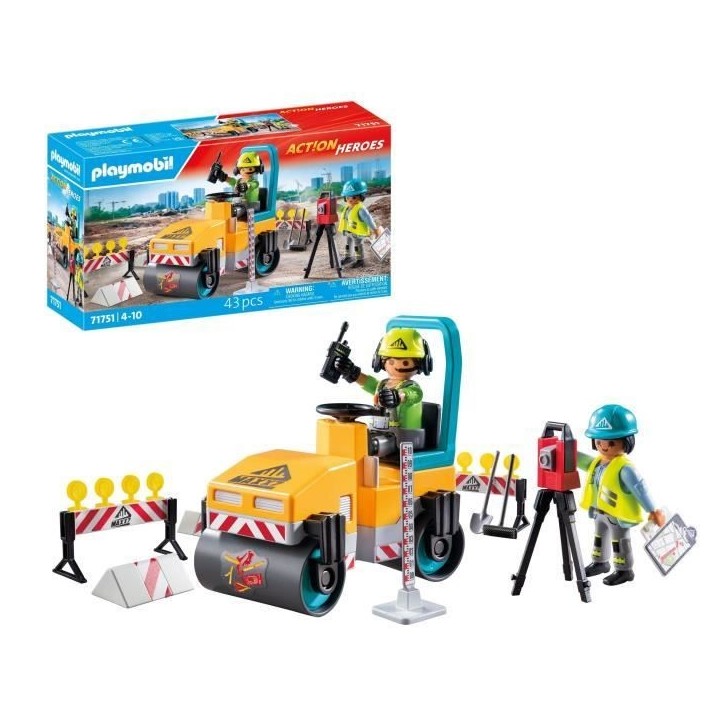 PLAYMOBIL 71751 Ouvriers avec rouleau compresseur et signalisation, Action Heroes, La construction, 43 pieces, Des 4 ans PLAYMOBIL 71751 Ouvriers avec rouleau compresseur et signalisation, Action Heroes, La construction, 43 pieces, Des 4 ans