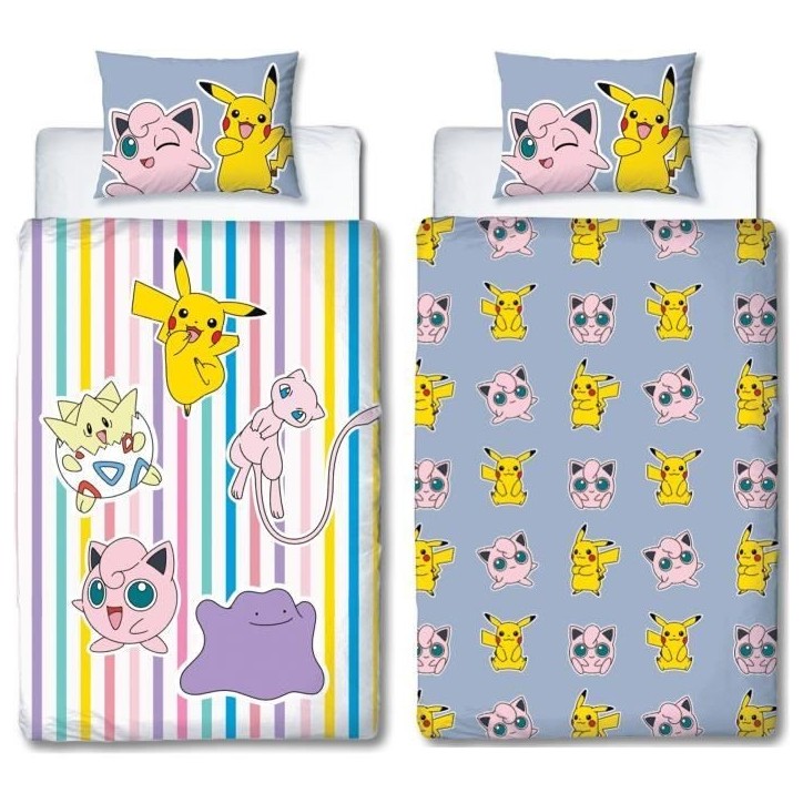 Parure de lit réversible - POKEMON - Pikachu, Mew, Togepi, Jigglypuff & Métamorph - Microfibre - 140 x 200 cm + 1 taie 63 x 63
