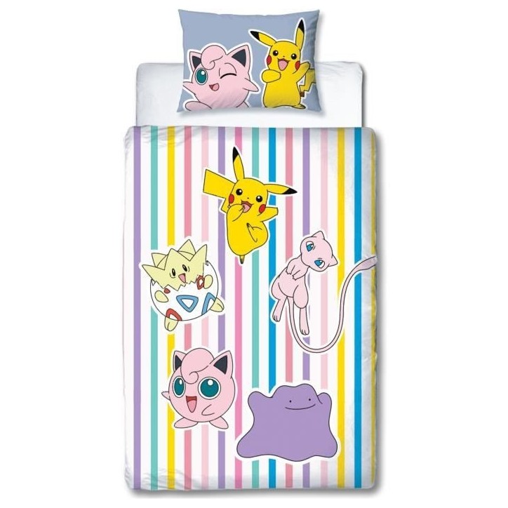 Parure de lit réversible - POKEMON - Pikachu, Mew, Togepi, Jigglypuff & Métamorph - Microfibre - 140 x 200 cm + 1 taie 63 x 63