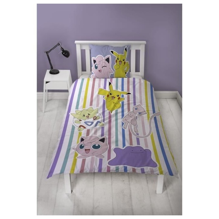 Parure de lit réversible - POKEMON - Pikachu, Mew, Togepi, Jigglypuff & Métamorph - Microfibre - 140 x 200 cm + 1 taie 63 x 63